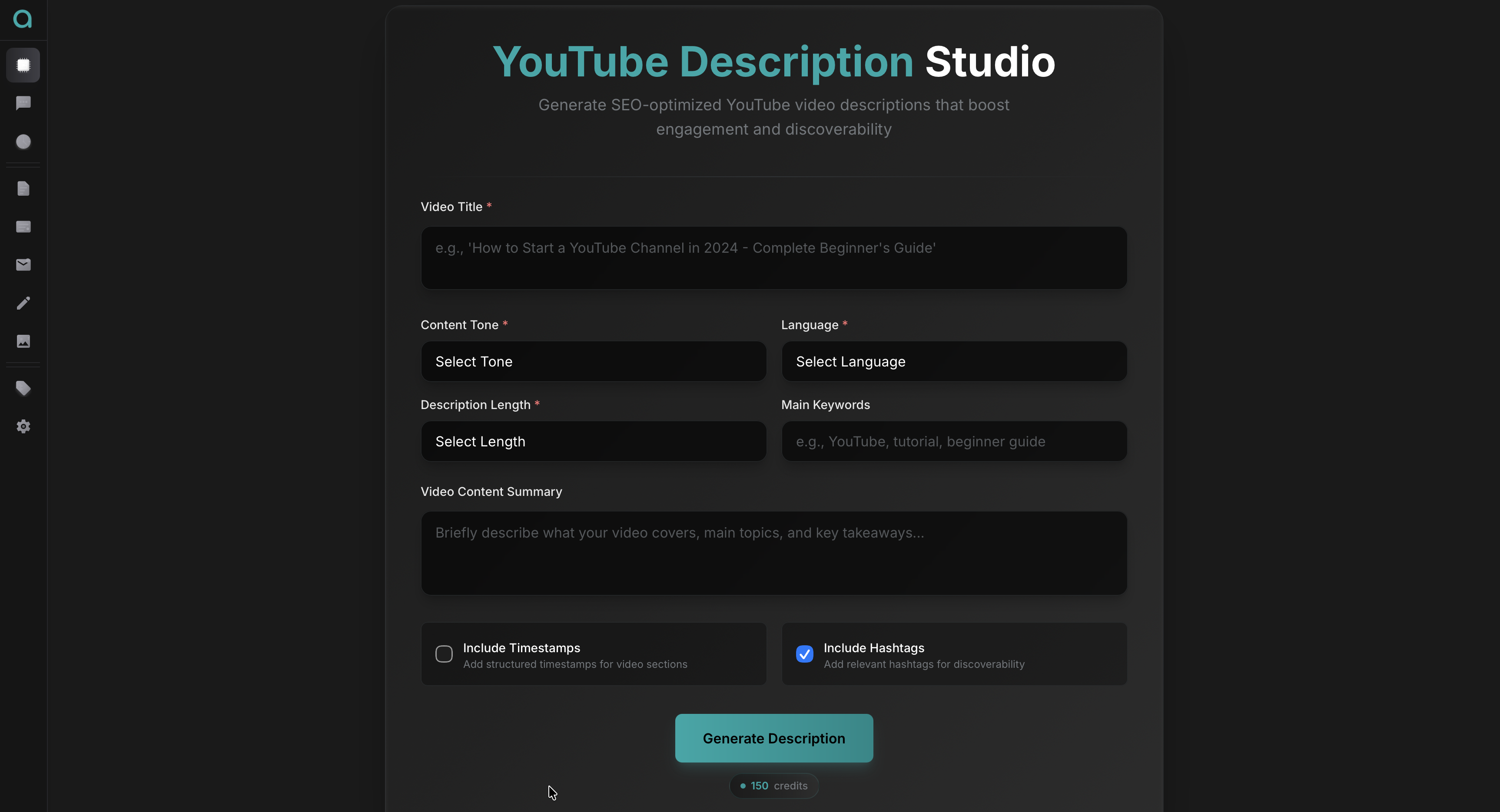 YouTube Description Studio Interface - SEO-Optimized Video Descriptions